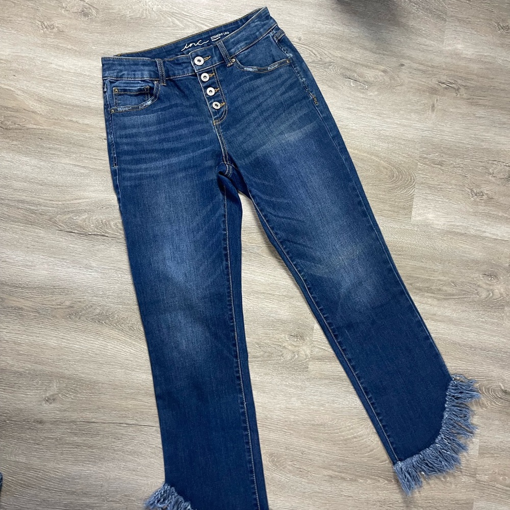 INC International Concepts Dark Blue Straight Leg Jeans with Frayed Hem
